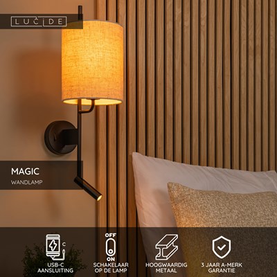 Lucide MAGIC - Wandlamp - 1xE27 - Met USB oplaadpunt - Zwart